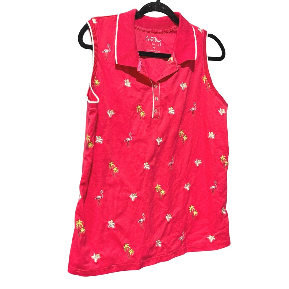 Coral Bay Golf Womens XL Pink Sleeveless‎ Polo Shirt Flamingo Palm Tree Tropical